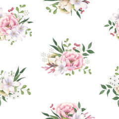Watercolor floral seamless pattern . Decorative textile design. White background. Wedding decoration. Spring botanical print