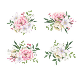 Watercolor set with floral bouquets on white background. Flowers, pink rose, green leaves. Hand painted drawing. Template design