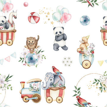 Watercolor vintage circus seamless pattern. Cute animal illustrations. Hand painted. Retro show, elephant, panda, llama, balloons, train. For kids invite, textile, print, wallpaper, cards, wrapper.