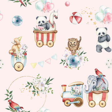 Watercolor vintage circus seamless pattern. Cute animal illustrations. Hand painted. Retro show, elephant, panda, llama, balloons, train, gold stars. For kids invite, textile, print, wallpaper, cards