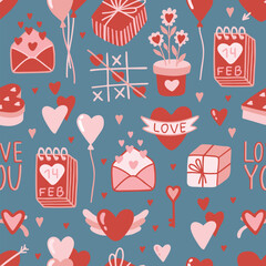 Valentines day pink seamless pattern. Love, hearts, valentine card.