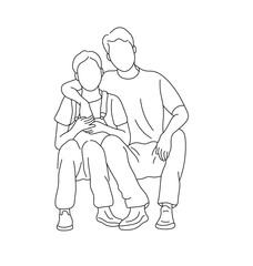 Fototapeta na wymiar Vector isolated sitting man embraces a woman family portrait colorless black and white contour line easy drawing
