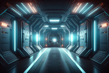 Fototapeta na wymiar spaceship hallway futuristic sci-fi tunnel passageway with glowing shiny neon lights ,futuristic sci-fi background ,3D illustration