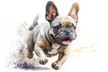 Cute and Happy French Bulldog run. Watercolor painting. Generative AI