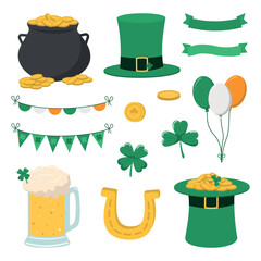 St. Patrick's day festive elements set. Isolated on white background. Cartoon style design element for parties, sales, and decorations.