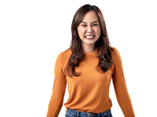 Obraz premium A portrait of a happy Asian Indonesian woman wearing an orange sweater, seen frustrated and angry, isolated on a white background
