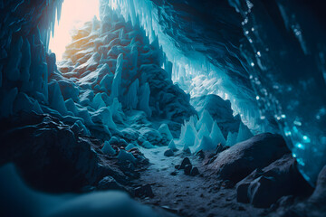 Inside view of ice caves with icicles and light outside. Generative AI