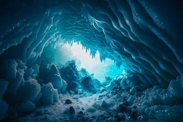 Fototapeta na wymiar Inside view of ice caves with icicles and light outside. Generative AI