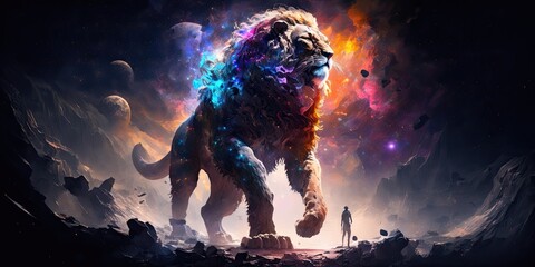 Obraz na płótnie Canvas Space Lion in space. Godlike creature, cosmic, awe inspiring, dreamy digital illustration. Generative ai