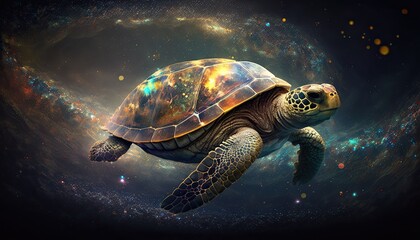 Plakat Space Turtle in space. Godlike creature, cosmic, awe inspiring, dreamy digital illustration. Generative ai