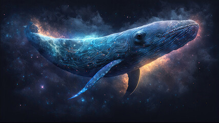Fototapeta na wymiar Space Whale in space. Godlike creature, cosmic, awe inspiring, dreamy digital illustration. Generative ai