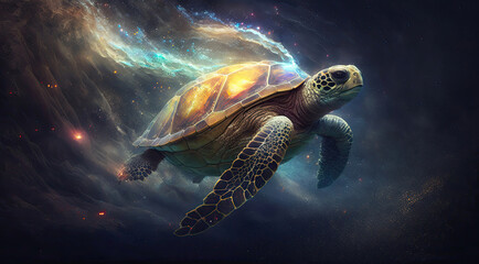 Fototapeta na wymiar Space Turtle in space. Godlike creature, cosmic, awe inspiring, dreamy digital illustration. Generative ai