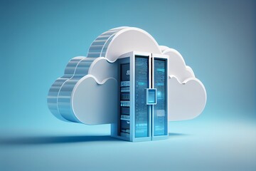 Cloud storage technology and online data storage, cloud computing, hosting white cloud with blue background. 3d render illustration. Generative AI - obrazy, fototapety, plakaty