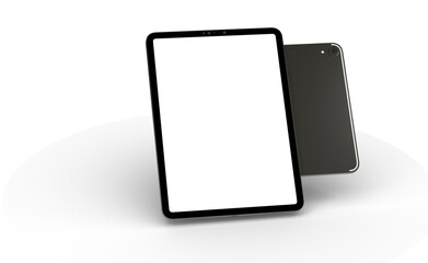 Modern tablet computer stand with blank screen isolated on white background