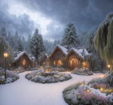 A small winter village and garden with fountain, fantasy painting