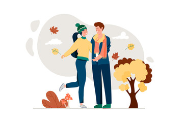 Autumn concept with people scene in the flat cartoon style. Young couple having a great time together on a walk in the autumn park.