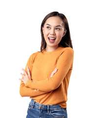 A portrait of a confident and happy Asian Indonesian woman wearing an orange sweater, posing with folded hands, isolated on a white background