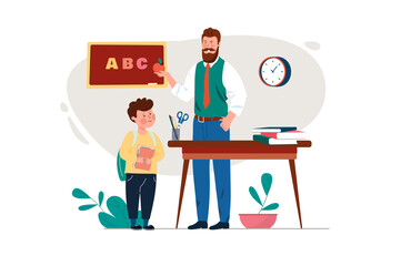 Education concept with people scene in the flat cartoon design. Teacher explains the alphabet to the smallest student.