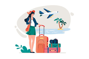 Summer time concept with people scene in the flat cartoon style. Girl with suitcases is waiting for a plane to go on a summer vacation.