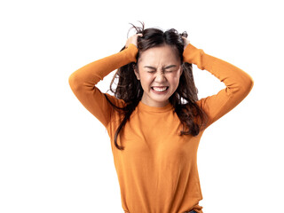 Fototapeta premium A portrait of a happy Asian Indonesian woman wearing an orange sweater and holding her head with both hands, isolated on a white background