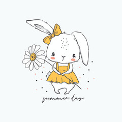 Hand drawn cartoon vector illustration for kids with little bunny. Cute rabbit girl with daisy flower. Perfect for baby t-shirt print, kids wear, surfce design