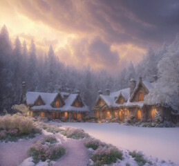 A small village hidden deep in the wintery forest, fantasy painting