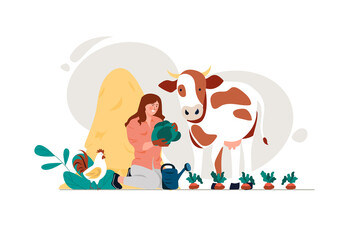 Organic food concept with people scene in the flat cartoon style. Girl works on a farm to eat only organic food.