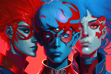 Obraz premium Avatars of people in virtual reality. Different types of heroes. Indigo woman. The concept of the metaverse. Generative AI.