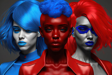 Obraz premium Avatars of people in virtual reality. Different types of heroes. Red woman with blue hair. The concept of the metaverse. Generative AI.
