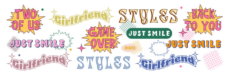 Set of decorative lettering in retro color. Lettering in the style of the 70s. Lettering for t-shirts and posters. Vector illustration.