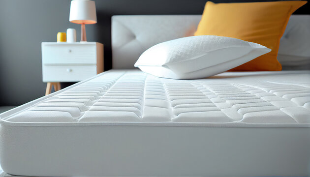 Gesunder Schlaf: Bett mit bequemer orthop&auml;discher Matratze im Zimmer - Generative Ai
