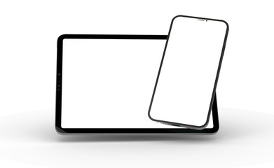 Black tablet computer with blank screen, isolated on white background