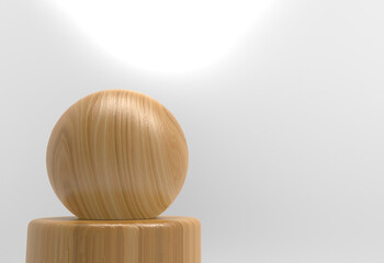 3d rendering. A single Wood sphere with blank empty space wall background.