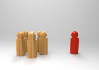 3d rendering. A Red leadership one separate form the group on gray background.