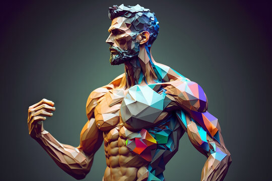 Low polygon digital concept portrait of sport bodybuilding male