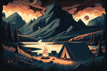 Camp site with camp tent and camp fire by lake, there is a huge mountain at background.