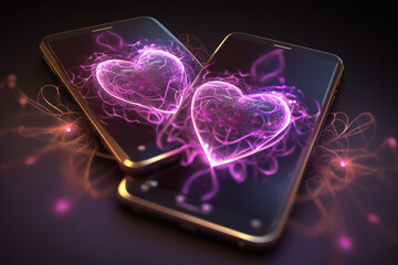 neon heart in the night - pink hearts love in the smartphone background - Generative AI