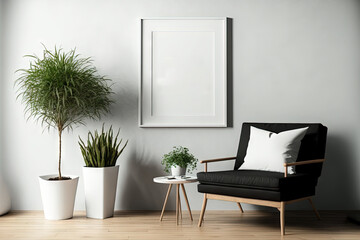 Minimal Living Room Wall Mockup, Picture Frame Blank Wall, Interior Mockup,. Generative AI - obrazy, fototapety, plakaty