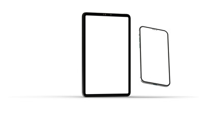 Modern tablet computer stand with blank screen isolated on white background