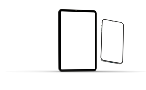 Modern tablet computer stand with blank screen isolated on white background