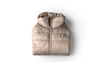 Padded coats  with red zipper in beige color ,down jacket, rain proof winter jacket on white background.Top view