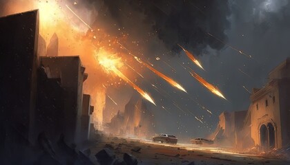 Fototapeta na wymiar illustration of meteor shower fall into earth's atmosphere make fire trail in sky and crash on urban city building , nature calamity disaster, generative ai