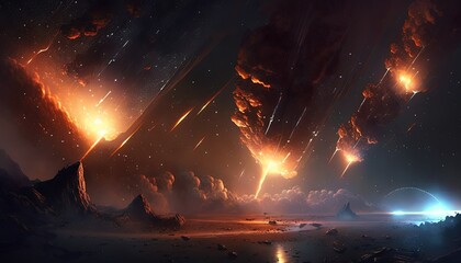 illustration of meteor shower fall into earth's atmosphere make fire trail in sky and crash on wasteland earth surface , nature calamity disaster, generative ai - obrazy, fototapety, plakaty