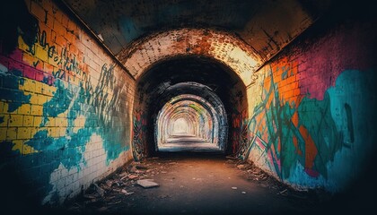 long way brick wall tunnel to light, wall that was painted with graffiti art style, Generative Ai