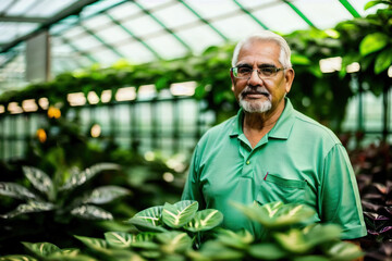 Costa Rican Mature Senior Gardener Posing in His Greenhouse Generative AI Photo