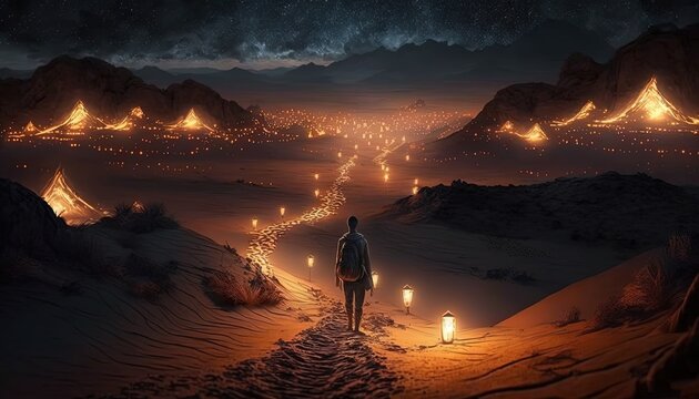 candle lights flicker in desert land guild the way for the man to pass walk through this danger land