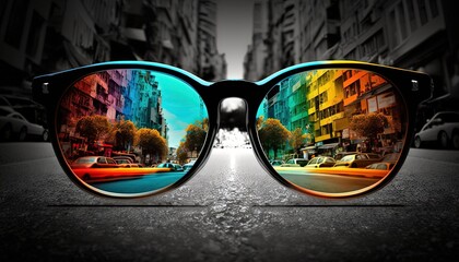 illustration of an sun glasses on street with colorful can be seen through glasses, idea for another perspective or thought, Generative Ai