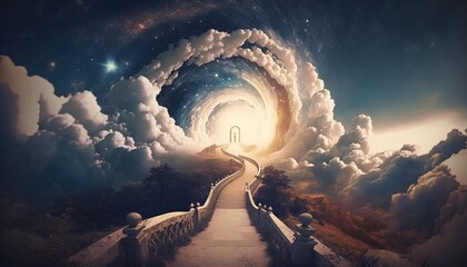 way to heaven with blessing light shine from horizontal line, dreamy elegant background wallpaper, Generative Ai