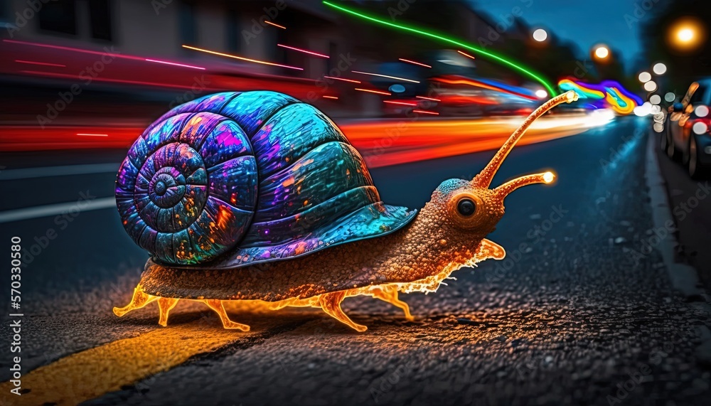 Wall mural speed laser snail with speed motion light trail, Generative Ai