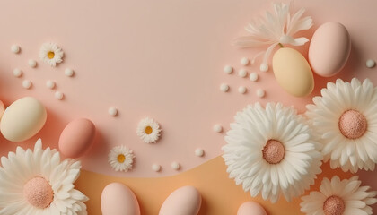 Easter eggs with daisy flowers on warm pink background, banner, Generative AI